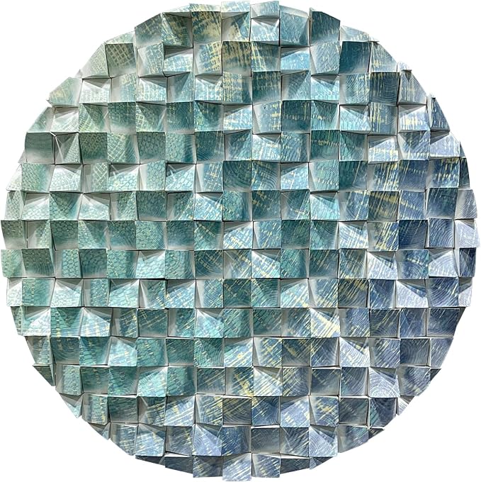 LIUZEYUE - Large blue-green-gold patterned triangular wooden block wall art piece. Modern living room eye-catching wooden decorative item 31.5" - Image 2