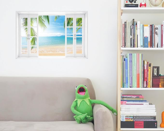 FLFK Fake Window Wall Decal - Tropical Ocean View Peel and Stick Mural, 24 x 16 inches - Image 3