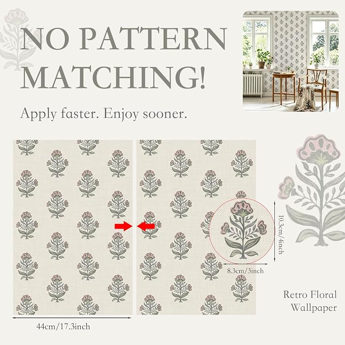 Heroad Pink Floral Wallpaper Cottage Peel and Stick Wallpaper 17.3''x393'' Faux Linen Texture Contact Paper for Cabinets Removable Self-Adhesive Wall Paper for Bedroom Kitchen Renter Friendly Vinyl - Image 2