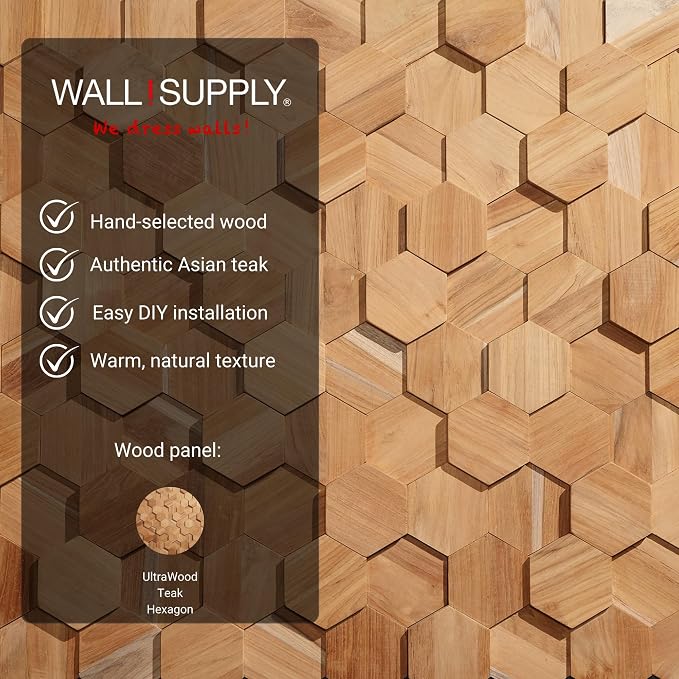 Wall!Supply 3D Wall Panels – Reclaimed Hexagon Asian Teak Wood in Natural – Home Decor Wallpaper Alternative for Living Room, Bedroom & Office – Easy DIY Installation – 25 Pack, Covers 10.5 Sq Ft | Real Reclaimed Asian Teak, Wallpaper Alternative, Easy... - Image 3