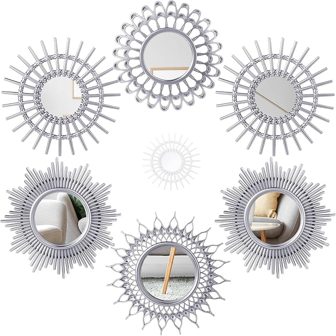 Namalu 6 Pcs Sunburst Round Mirror for Wall Decor, Classic, Silver - Image 3
