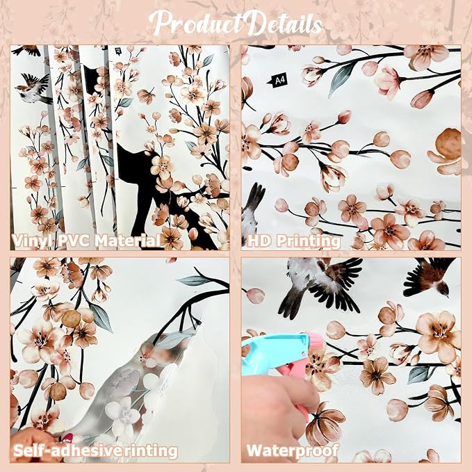 Large Light Pink Cherry Blossom Tree Wall Stickers | 4 Sheets Spring Flower Bird Wall Decals Peel and Stick Waterproof Wall Murals Decor for Living Room Bedroom (11.8*35.4inch) - Image 6