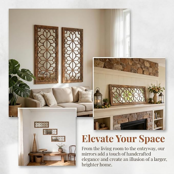 Set of 2 13x30 Inch Large Maroon Shatterproof Carved Floral Wood Frame Wall Mirrors, Boho Farmhouse Rustic Accent Mirrors for Living Room Bedroom Bathroom & Home Decor - Image 5