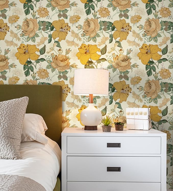 Hopepak Yellow Floral Peel and Stick Wallpaper Modern Flower Contact Paper 16.1'' x 118'' Self Adhesive Removable Waterproof Wall Paper for Bedroom Cabinets Living Room Decor - Image 5
