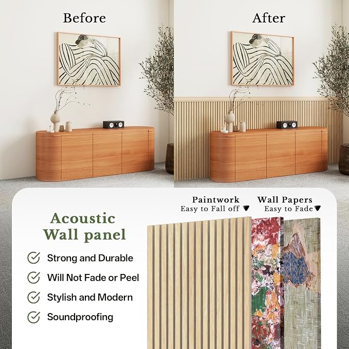 MISSDAY Wood Slat Acoustic Wall Panels, 4 Packs 47.2" x 23.6" Grey-Oak Soundproof Panel For Interior Wall Decor Noise Absorbing-3D Textured Wooden Panel Sound-Absorbing for Home, Office, Studio - Image 4