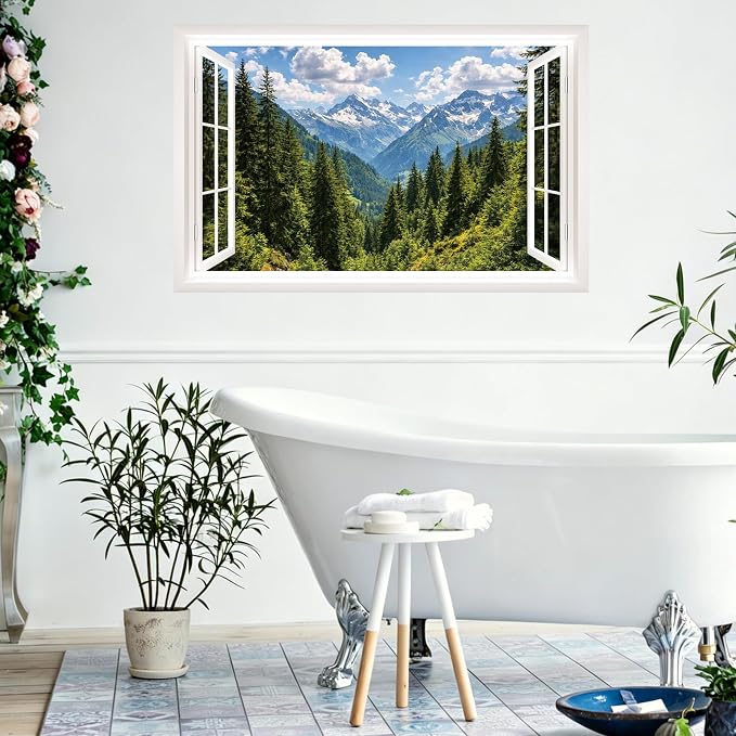 IARTTOP Fake Window View Wall Murals Stickers 33"x20.4" Snow Mountain Pine Forest Valley Landscape Wall Decal Art Large Nature Scenery Decals Decor for Bedroom Farmhouse Living Room - Image 3