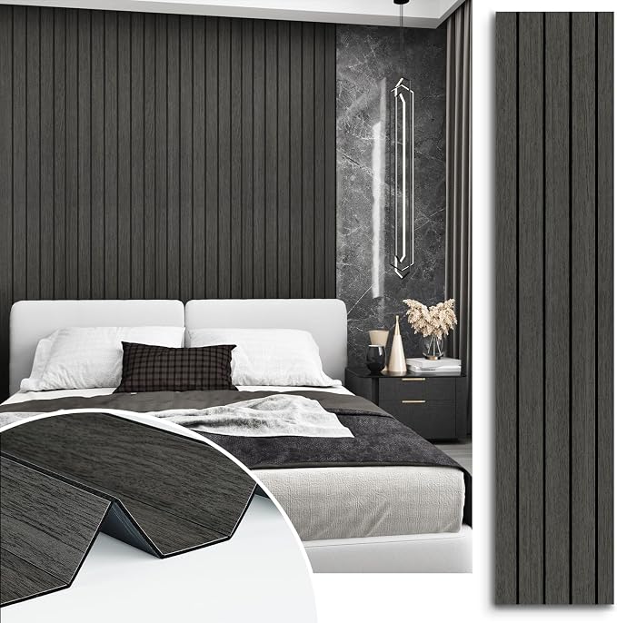 Grey/Black Wood Acoustic Wall Panels Peel and Stick 3D Textured Wood Slat Wall Paneling 23.6" x 197" Self Adhesive Sound Proof PVC Wooden Grain Walls Panel for Bedroom Living Room Garge by STICKEEP