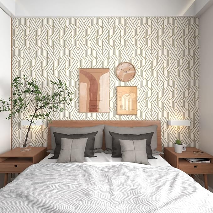 MelunMer Geometric Contact Paper Peel and Stick Wallpaper Gold 17.7”×393” | Self Adhesive, Removable Wallpaper for Bedroom/Bathroom Waterproof, Modern Contact Paper for Cabinets Liner Easy to Install - Image 2