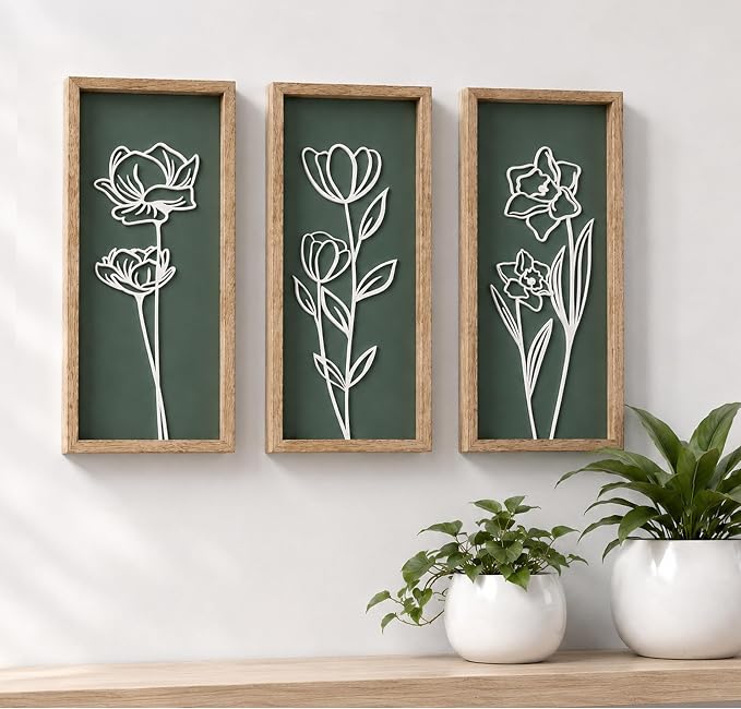 Tide and Tales 3d Green Wall Art, Wooden Botanical Wall Decor, Set of 3 | 7" x 16", Lightweight, Framed Ready-to-Hang, Bathroom Wall Decor, Bedroom, Living Room, Office, Farmhouse, Gift-Boxed by TideandTales
