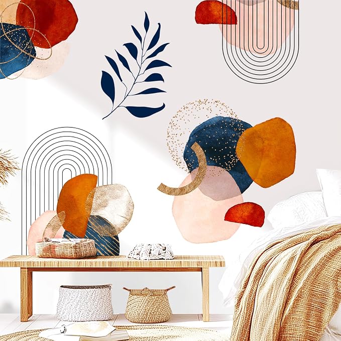 Boho Mid-Century Modern Abstract Geometric Arch Leaf Wall Decals Decor | Modern boho geometric arch lines peel and stick wall stickers mural, removable vinyl art for living room bedroom wall decor - Image 4
