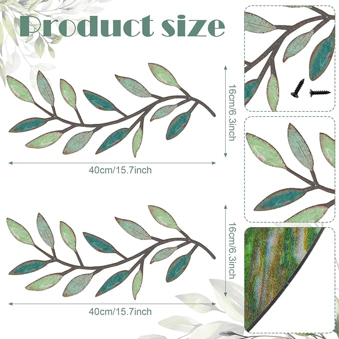 Zhengmy 2 Pcs Metal Leaf Wall Art Vine Branch Decor,Gradient Green | Olive Branch Metal Decor for Living Room Hallway, Symmetrical Leaf Pair for Doorway Entryway, Lightweight Hanging Art Design - Image 2
