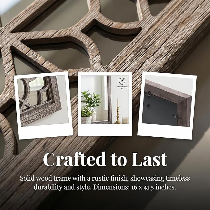 Set of 2 16x41.5 Inch Large Carved Floral Wood Frame Wall Mirrors, Shatterproof Boho Farmhouse Rustic Accent Mirrors for Living Room, Bedroom, Bathroom, Entryway & Home Wall Decor （Brown） - Image 4