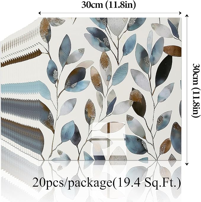 20pcs Marble Peel and Stick Shower Wall Panels 11.8"x11.8" | (Total 19.4 Sq.Ft.) Botanical Leaves,Waterproof,Backsplash Tile,Stick on Wall,for Bathroom,Bedroom,Kitchen - Image 2