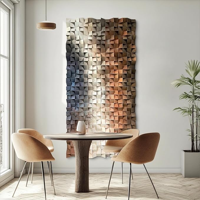LIUZEYUE Unique Modern Wood Wall Art, Designed with Expansive Mosaic Rhythm | oversized textured wood wall art; charcoal and orange, natural grain; living room double-height focal wall; 39.4 x 78.7 in - Image 8