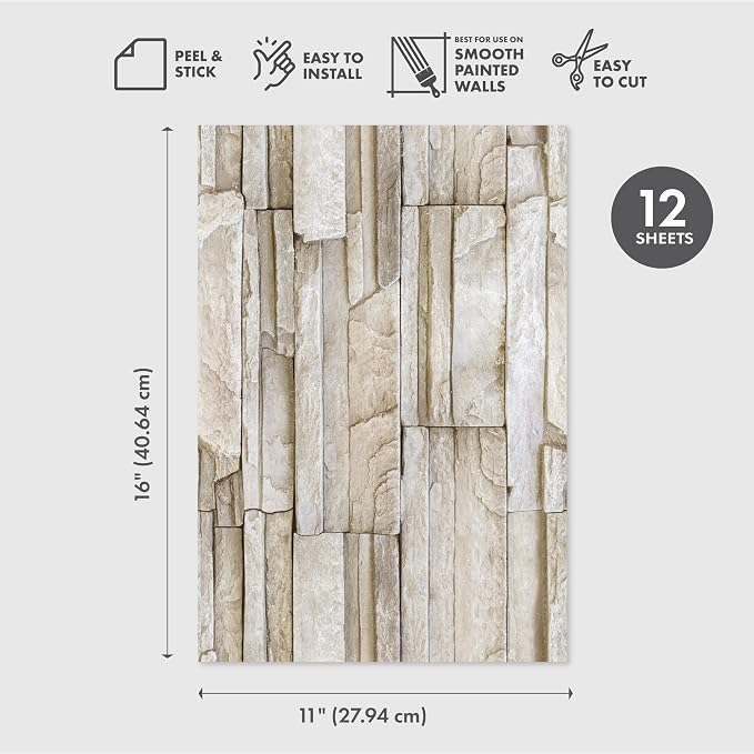 Main Street Peel and Stick Wallpaper Sheets, Stacked Stone, 12-Pack | 11 x 16 in sheet size; Covers up to 14.67 sq ft; Eco-friendly paper material; No paste or additional adhesive required - Image 2