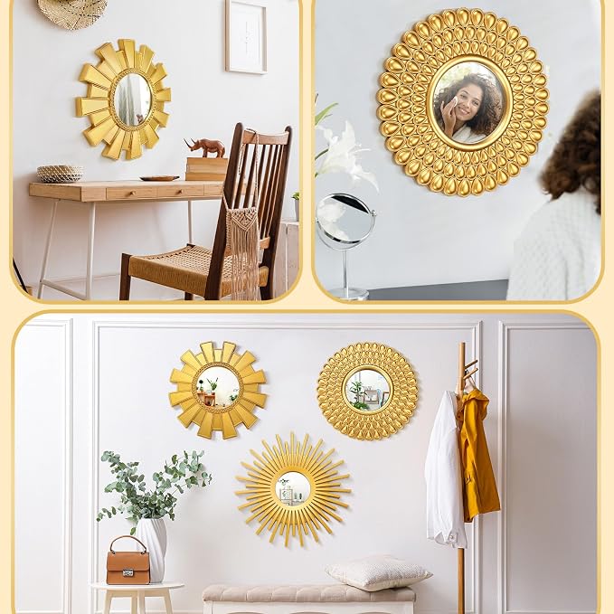 Fourluoo 3 Pack Gold Sunburst Wall Mirrors Decor, Sun Mirror Wall Decor - Image 6