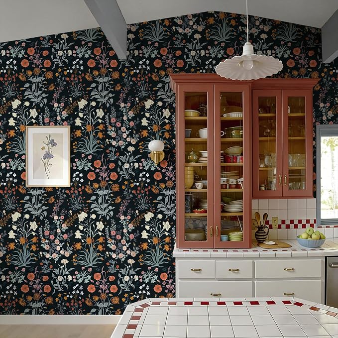 Floral Peel and Stick Wallpaper Vintage Wallpaper Dark Blue Wall Paper Wildflower Contact Paper for Cabinets Vinyl Renter Friendly Waterproof Self-Adhesive Bathroom Kitchen Bedroom 1.44’x 32’ - Image 5
