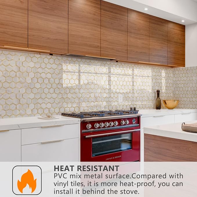 STICKGOO Hexagon Peel and Stick Backsplash Tile, Stick on Backsplash for Kitchen and Bathroom, Glossy Eurasian Wood Grain PVC Mixed Metal Gold Self Adhesive Wall Tiles(10 Sheets, Seamless) - Image 2