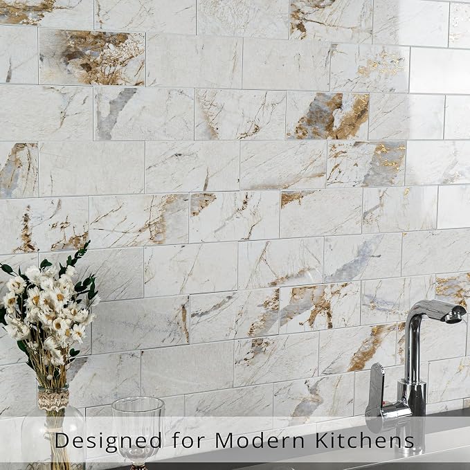 StyloVue 100 Pieces Peel and Stick Backsplash for Kitchen, 3" x 6" PVC Subway Tile, 2026 Upgraded Ivory Calacatta Marble Look with Gold Veining, Glossy Finish, Stick on Tile for Kitchen, Fireplace, RV - Image 6