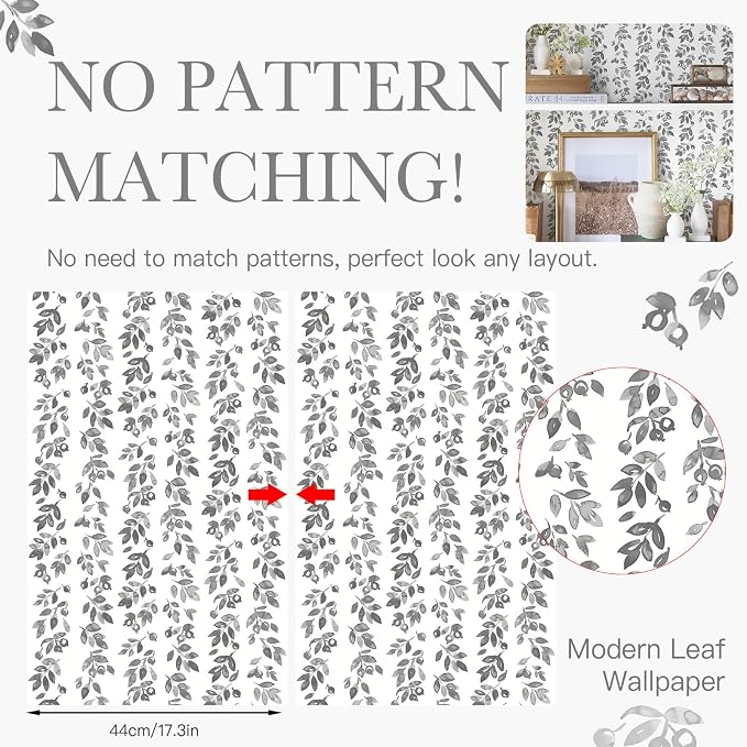 Heroad Grey Wallpaper Vintage Peel and Stick Wallpaper Leaf Contact Paper Cottage Core Wall Paper Self Adhesive Removable Wallpaper for Bathroom Bedroom Kitchen Watercolor Decor Vinyl 17.3''x78.7'' - Image 3