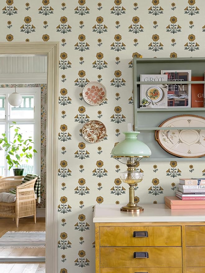 Vintage Floral Wallpaper Floral Peel and Stick Wallpaper for Bathroom 393"×17.3" Daisy Wall Paper Yellow and Green Cottagecore Contact Paper for Nursery Kitchen Self-Adhesive Vinyl Waterproof - Image 7