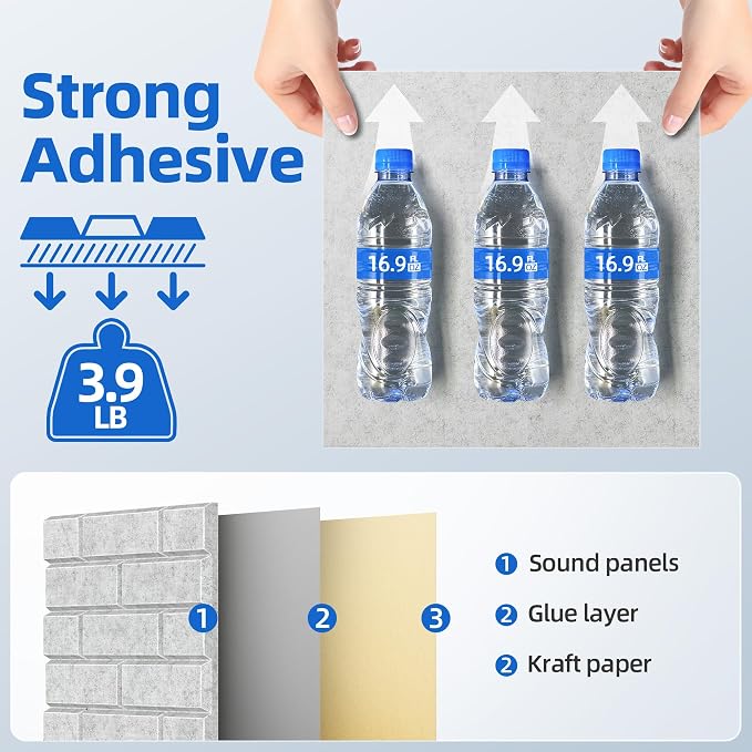 12 Pack Acoustic Panels with Self Adhesive Sound Proof Foam Panels for Wall | 12" X 12" X 0.4" High Density Soundproof Wall Panels, Brick Sound Absorbing Panels for Home Studio Office Decor - Gray - Image 4