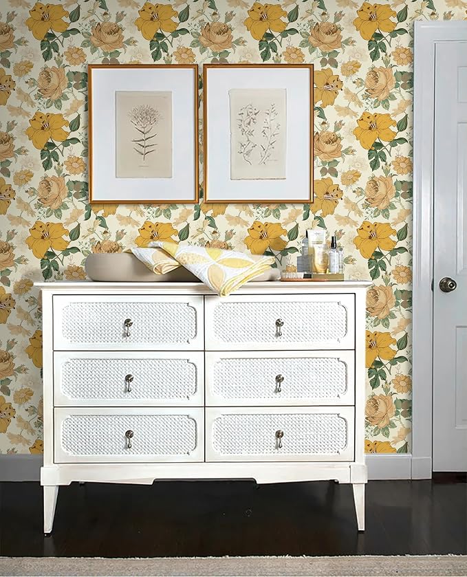 Hopepak Yellow Floral Peel and Stick Wallpaper Modern Flower Contact Paper 16.1'' x 118'' Self Adhesive Removable Waterproof Wall Paper for Bedroom Cabinets Living Room Decor - Image 7