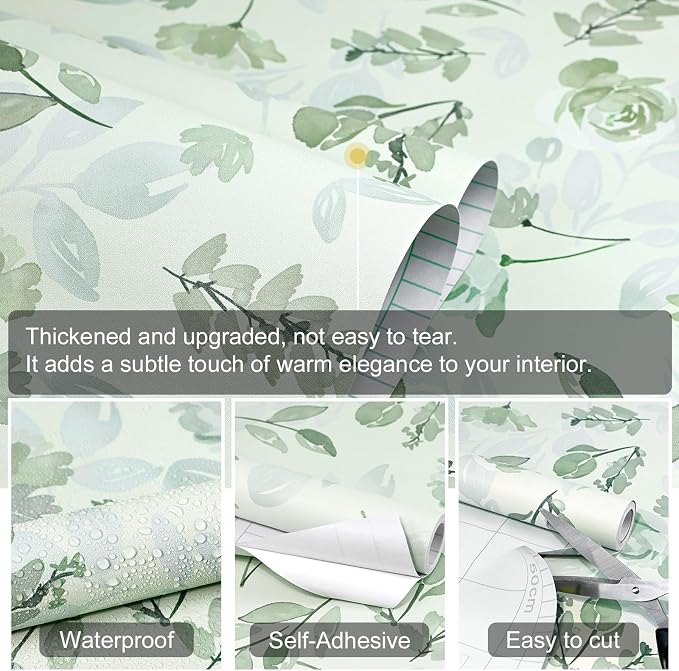 Sage Green Watercolor Floral Peel and Stick Wallpaper, 17.3" x 472" Removable & Waterproof Vinyl Wallpaper, Soft Pastel Flower Self-Adhesive Contact Paper for Nursery Bedroom Cabinets - Image 3