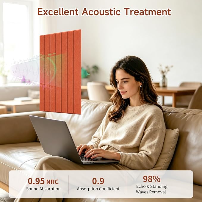 TO-TH Acoustic Panels Peel and Stick Sound Wall Panel 12 Pack, Honey Orange | Self-Adhesive, Sound Absorbing Panels, 100% Polyester Fiber, 11.8"×15.7"×0.35", Acoustical Treatment for Studio, Office, Home - Image 5