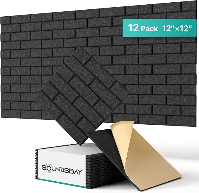 Soundsbay 12-Pack Brick Acoustic Panels, Self-Adhesive, 12"X12" | Covers 11.6 sq ft, 150kg/m³ High-Density Polyester, Soundproof Wall Panels for Recording Studio, Home Theater, Office Black by Soundsbay