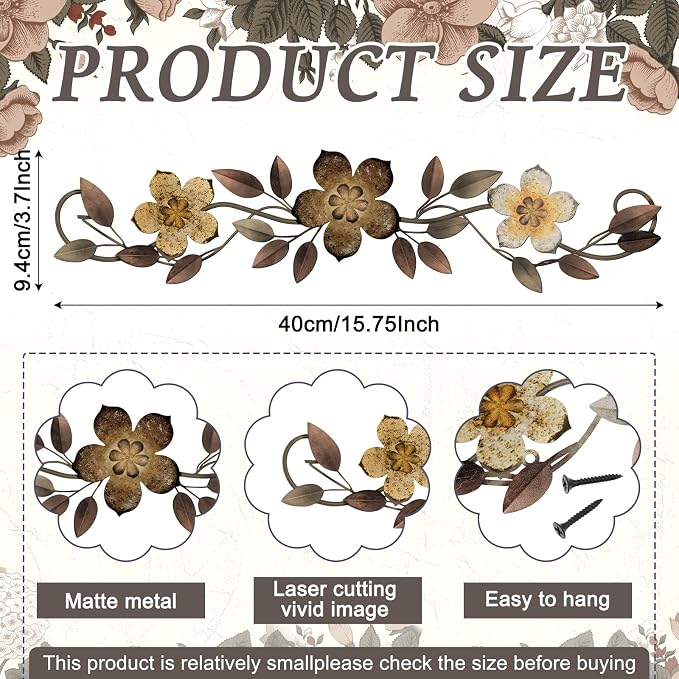 Wesiti Metal Flower Wall Decor Wrought Iron Scroll 15.7x3.7,Brown | Vintage Metal Flower decor,Farmhouse Leaf Art with Nails, Flat Not 3D Design, For Bedroom Kitchen Indoor Outdoor Wall Decor - Image 2