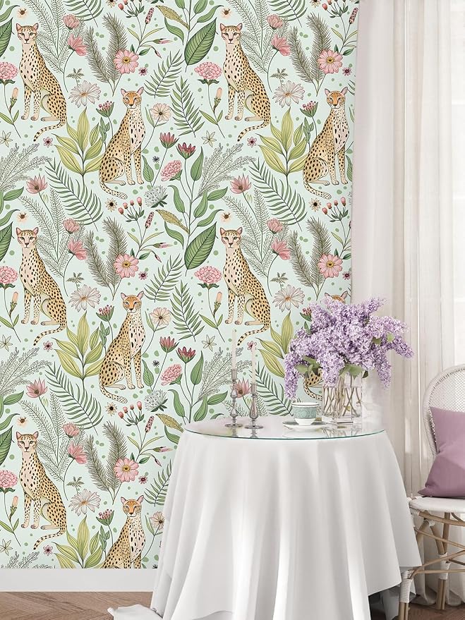 Floralplus Wallpaper Peel and Stick Jungle Leopard Wallpaper | Removable Boho Cheetah Animal Wallpapers Renter Friendly Floral Contact Paper for Bathroom Shlef Liner Dresser 17.5 x 118 in - Image 4