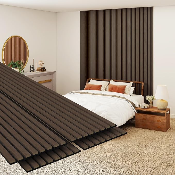 MISSDAY Wood Slat Acoustic Wall Panels, 4 Packs 106.3" x 12.6" Dark Walnut Soundproof Panel For Interior Wall Decor Noise Absorbing-3D Textured Wooden Panel Sound-Absorbing for Home, Office, Studio by MISSDAY