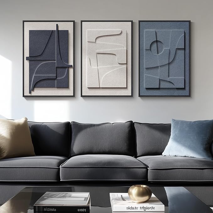 3D Textured Framed Blue and White Abstract Wall Art Set, 3 Piece, 16x24 In | Solid wood frames, raised geometric reliefs, navy blue and ivory tones, modern decor for bedroom living room dining room - Image 2
