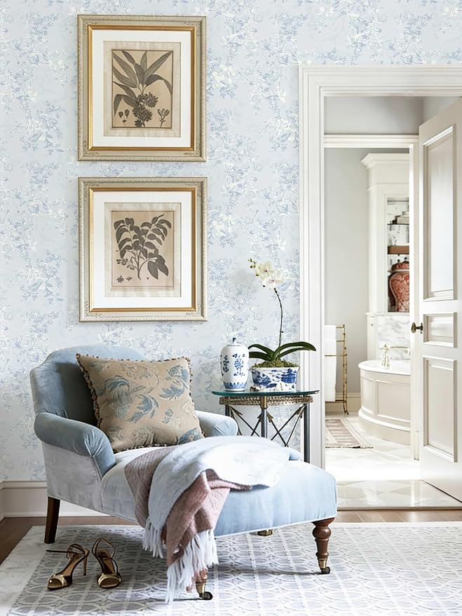 Dimoon Blue Peel and Stick Wallpaper Floral Vintage Wallpaper French Country Renter Friendly Contact Paper Bathroom Kitchen Removable Boho Stick on Wall Paper Vinyl Roll 17.3''×394" - Image 2