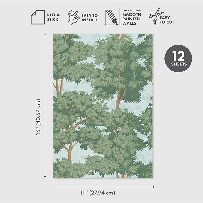 Main Street Peel and Stick Wallpaper Sheets, Toile Forest, 12-Pack | 11 x 16 in sheet size; Covers up to 14.67 sq ft; Eco-friendly paper material; No paste or additional adhesive required - Image 5