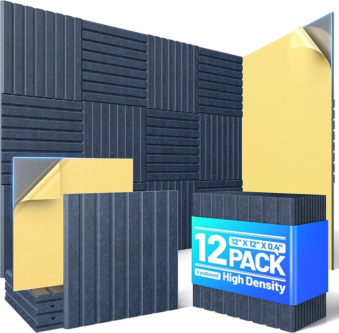 12 Pack Sound Proof Foam Panels for Walls, Acoustic Panels Self-Adhesive | 12" X 12" X 0.4" Slatted Soundproof Wall Panel, High Density Sound Absorbing Panel for Gaming Recording Studio Decor-Blue by Unknown