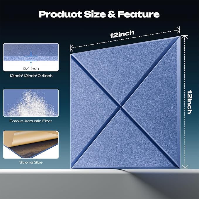 Sonicism 12 Pack X-Lined Acoustic Panels with Self-Adhesive, 12" X 12" X 0.4" Sound Proof Foam Panels, Decorative Soundproof Wall Panels, Sound Proofing Panels for Home & Office, Sky Blue - Image 2