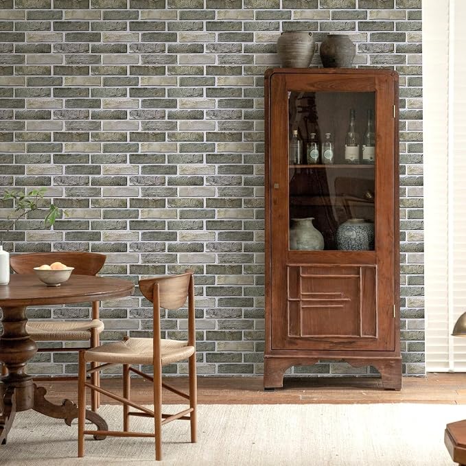 COMSTICKC 3D Faux Brick Wall Panels Peel and Stick Decorative Tiles Sticker | Vintage Green-Gray, 10 Pcs 15.7" x 11.8", Not Real Brick, PVC Fake Brick Tiles for Easy DIY Interior Decor, Cover 12.9 sq ft - Image 6