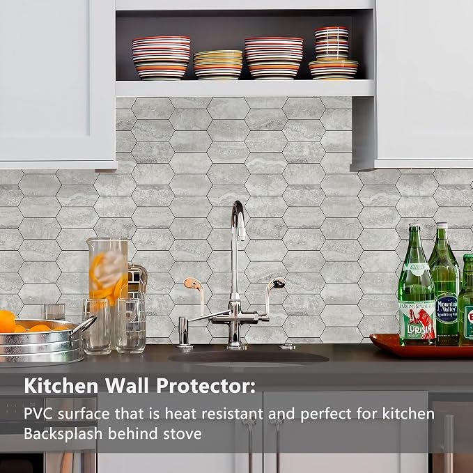 Vamos Tile Long Hexagon Peel and Stick Backsplash Tile - 10 Sheets Stick on Backsplash for Kitchen and Bathroom 12.4 x 12 Inch Beige Slate Look PVC Self Adhesive Mosaic Wall Tiles - Image 2