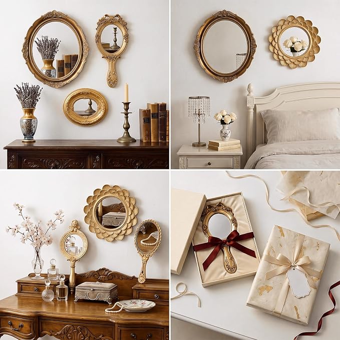 Kathfly 6 Pack Vintage Gold Mirror for Wall Gold Antique Wall Hanging Mirrors for Bedroom Decorative Resin Frame Baroque Style Assorted Sizes Tabletop Tray for Gallery Home Living Room Decor(Mixed) - Image 4