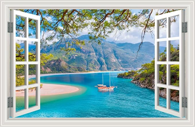 Fake Window Wall Decal- Beach Seascape Mountain Forest Open Wall Sticker | Faux Window Summer Natural Scenery Landscape Mural｜ Stick and Peel Decals｜for Home Office Scene Decor｜48"x32",Set of 2 Sheet by Clickhere