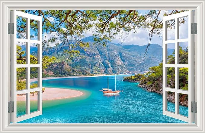 Fake Window Wall Decal- Beach Seascape Mountain Forest Open Wall Sticker | Faux Window Ocean Sailboat Natural Scenery Landscape Art Mural｜Stick and Peel Wall Decals｜for Room Office Scene Decor｜24"x16" by Clickhere