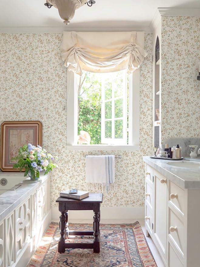 Peel and Stick Wallpaper for Nursery Brown Cherry Blossom Waterproof | 197"×17.3" Latte Brown Floral Vintage Wallpaper Gentle Accent Wall Decor with Grid Lines for Bedroom Vinyl Self-adhesive - Image 3