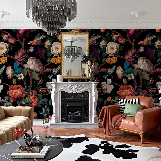 Zeeko Vintage Black Floral Peel and Stick Wallpaper Mural, 148" x 98" | Large Flower Art Deco Wall Murals, Ideal for Bedroom TV Background Wall Paintings, Home Decor - Image 2