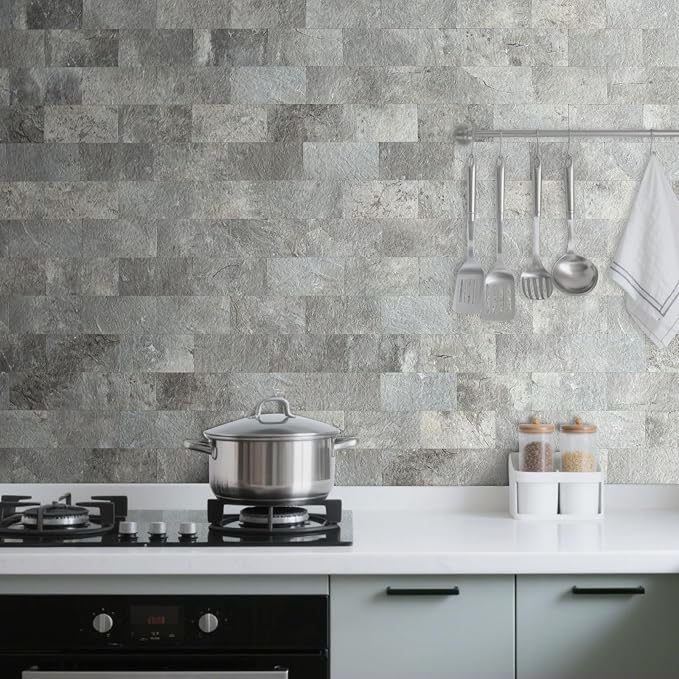 AULIGET 100 Piece Mountain Rock Peel and Stick Backsplash Wall Tiles, 3" x 6" PVC Faux Stone Stick on Tiles for Backsplash Kitchen, Bathroom, Laundry Room, Camper, Fireplace - Image 6