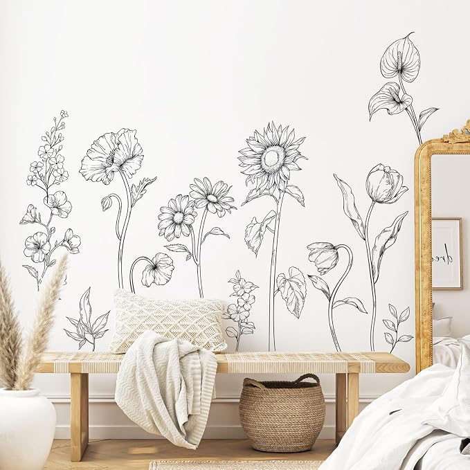 Large Black and White Flower Wall Decals, 3 Sheets Simple Modern Minimalist Sunflower Tulip Wall Stickers Floral Art Decor for Girls Bedroom Home Room Office Adult Gifts for Mom(11.8x35.4 in/Sheet) - Image 4