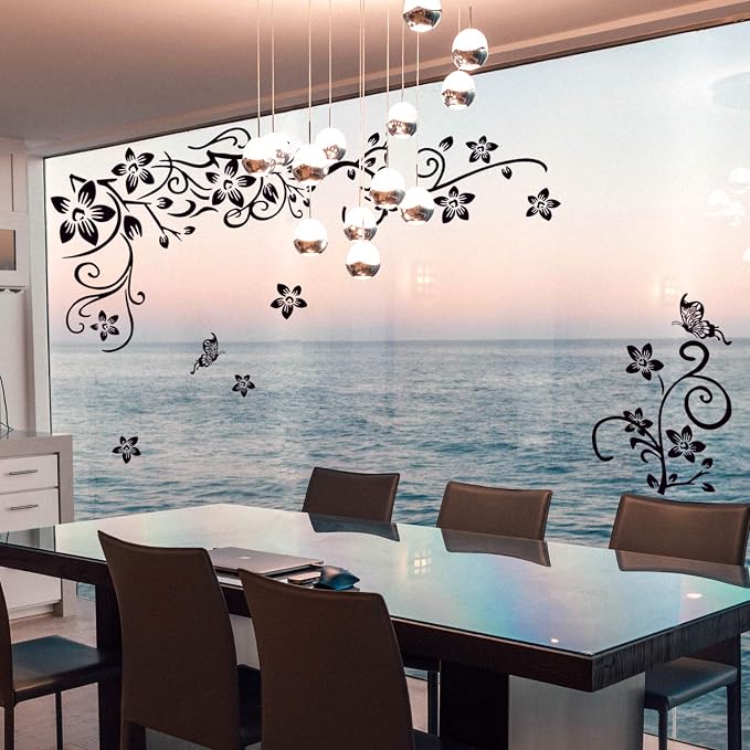 Removable Vinyl Black Flowers and Flower Vines Wall Decals DIY Home Art Decor Decorative Wall Sticker Murals for Kids Bedroom Living Room Tv Sofa Background Offices Wall Decorations - Image 5
