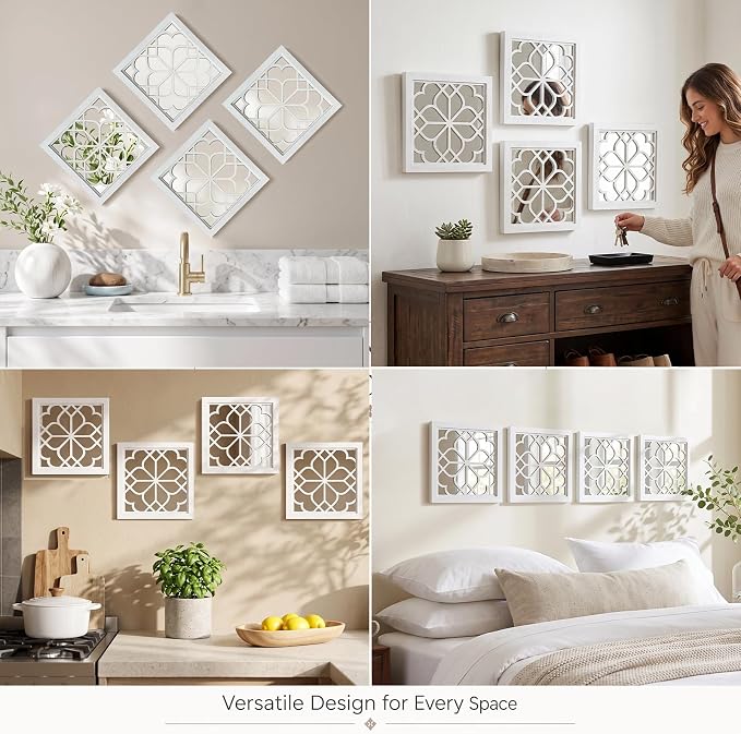 ZEXUIRU 4 Set Rustic Wall Mirrors for Bedroom Bathroom Living Room Entryway Wood Farmhouse Square Easy to Hang Framed Decorative Accent Hanging Wall-Mounted Mirror Set for Living Room -White - Image 6