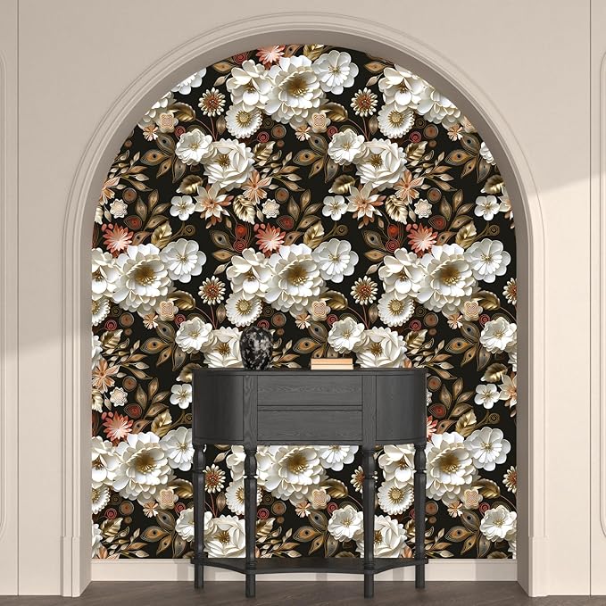 Laatse Dark Gold Floral Wallpaper Peel and Stick 17.5" × 118" | Self Adhesive/Removable/Waterproof/Thick Vinyl Contact Paper for Bathroom Bedroom Shelf Cabinet Drawer,Prepasted,Easy Peel - Image 5